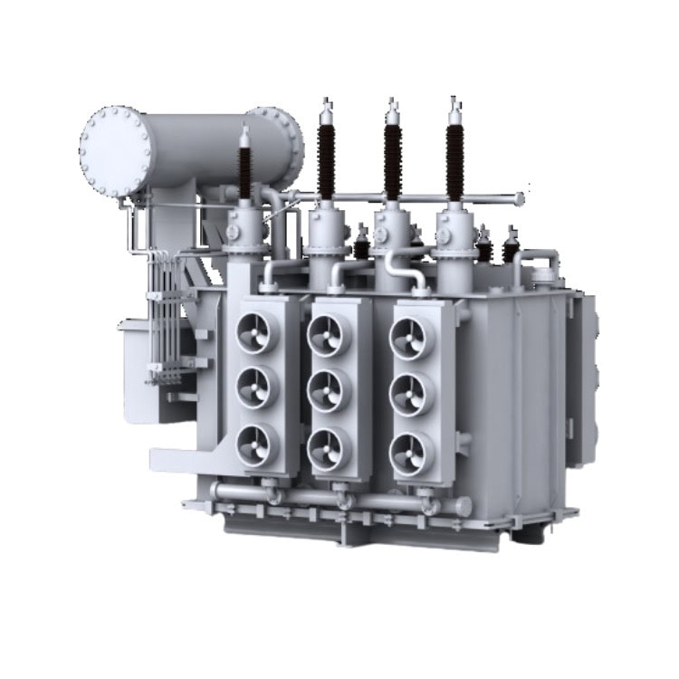 Image of a large industrial transformer with multiple cylindrical components, cooling fins, and insulators mounted on top, designed for efficient power transmission. Set against a plain white background, it showcases the critical role in the realm of transmission & distribution.