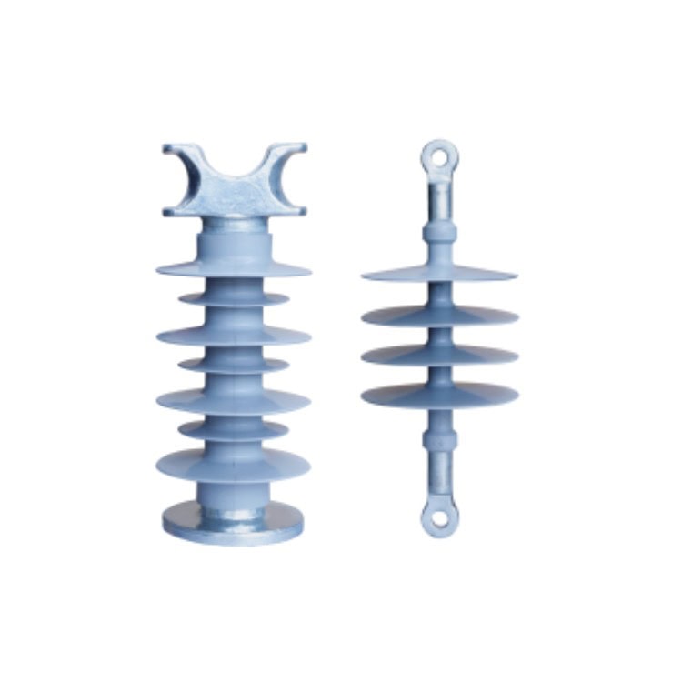 Two gray electrical insulators with ribbed designs, essential for power transmission, are displayed on a plain white background. One features a base while the other includes an eyelet for attachment, highlighting their roles in efficient power distribution.