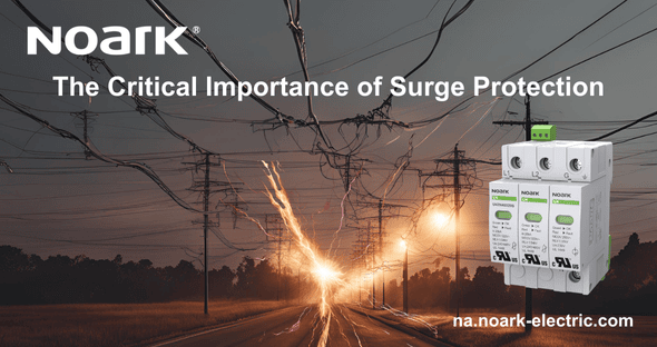 Power lines with electrical discharges at sunset set the scene for an image of a Noark SPD, underscoring "Noark: The Critical Importance of Surge Protection.