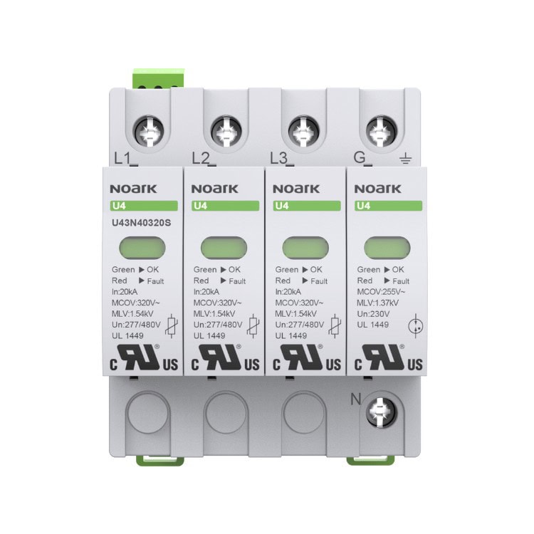 A four-pole surge protection device by NOARK with labeled components, indicators, and certifications on its front panel.