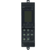 This black electronic switchboard features a screen, several buttons, and dials. Its long rectangular shape includes mounting holes at both the top and bottom for easy installation.