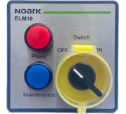 This sleek control panel, akin to modern switchboards, showcases a Noark ELM10 with a bold red power button, a blue maintenance button, and a black switch toggle confidently set to "ON.