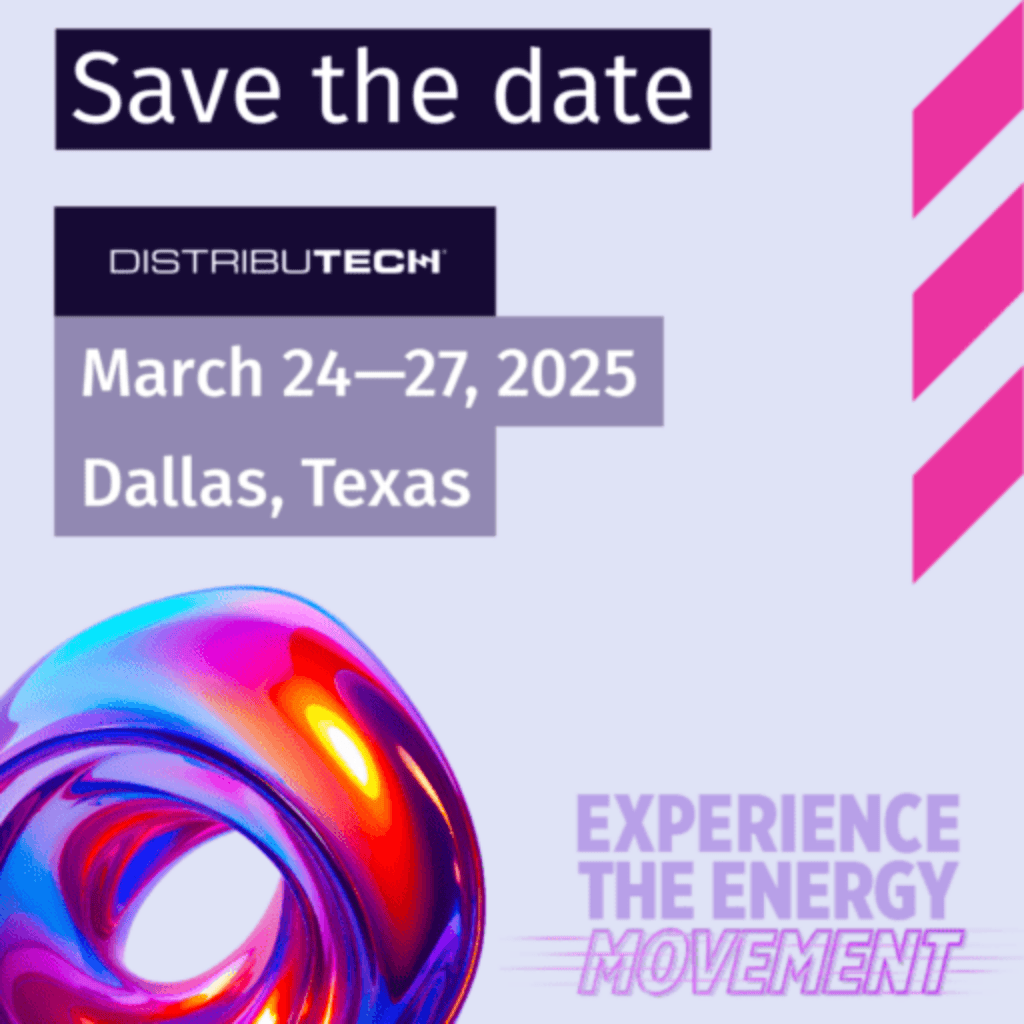 Save the date announcement for DISTRIBUTECH, March 24-27, 2025, in Dallas, Texas, with vibrant abstract swirl and text "Experience the Energy Movement.