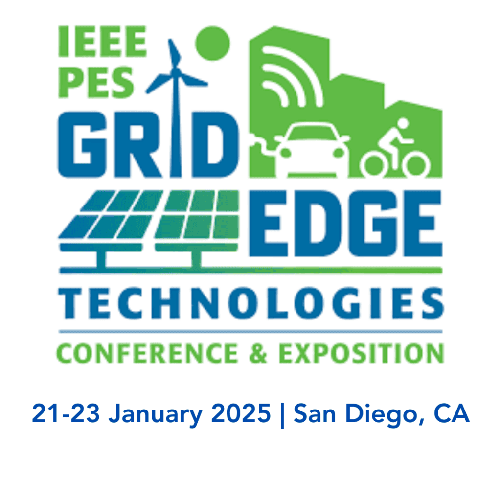Logo for IEEE PES Grid Edge Technologies Conference & Exposition, featuring icons of a wind turbine, solar panels, a car, and a cyclist. Event dates: January 21-23, 2025, in San Diego, CA.