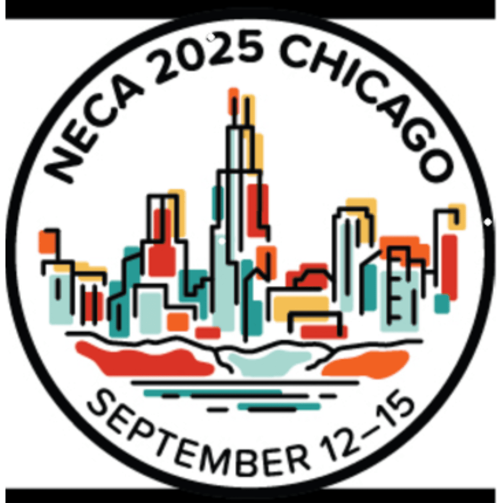Circular logo depicting a stylized Chicago skyline. Text reads: "NECA 2025 Chicago, September 12-15".