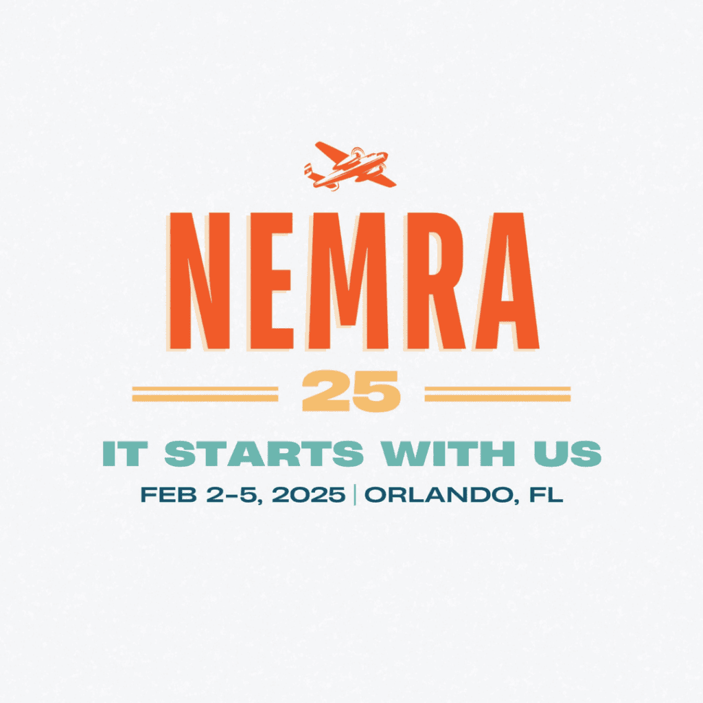 NEMRA 25 event poster with an airplane logo. Text reads: "It Starts With Us" and "Feb 2-5, 2025 | Orlando, FL.