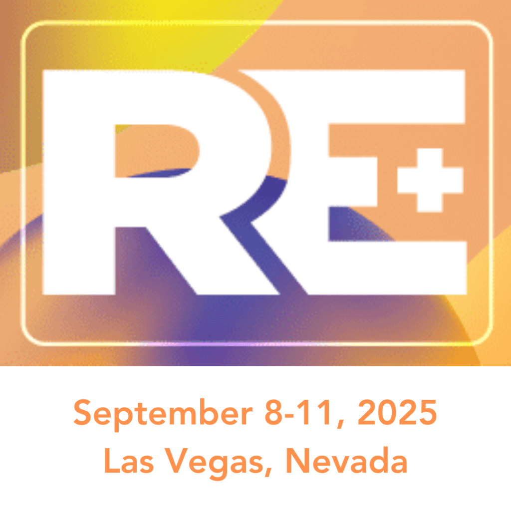 Logo for RE+ event with text: "September 8-11, 2025, Las Vegas, Nevada" on a colorful abstract background.