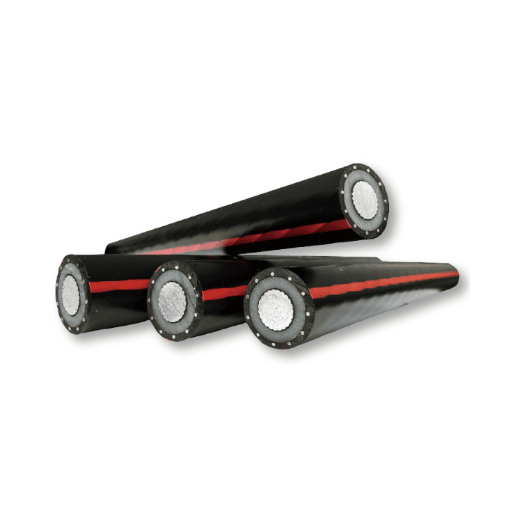 Four black industrial cables with red stripes, arranged horizontally and revealing cross-sections of woven metallic layers, are essential components in power transmission.