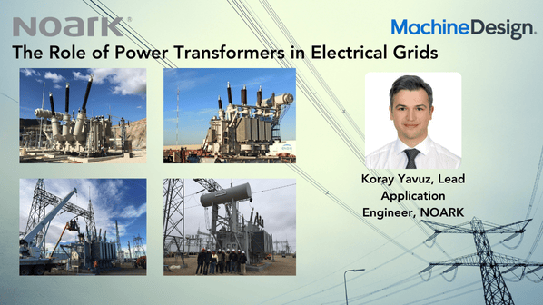 Collage on power transformers featuring four transformative images and a portrait of Koray Yavuz, Lead Application Engineer at NOARK. With a title and logos at the top, this artwork captures the essence of innovation in transformer technology.