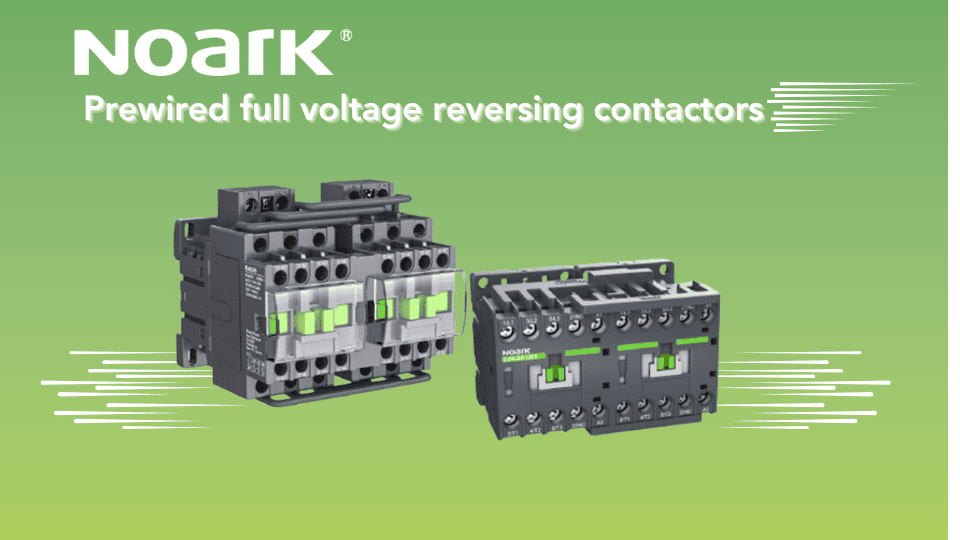 Experience the reliability of NOARK prewired full voltage reversing contactors, elegantly showcased against a vibrant green background.