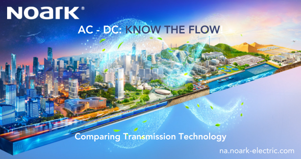 A split landscape of city and countryside with digital circuitry overlay showcases "AC - DC: Know the Flow" and "Comparing Transmission Technology" using AC Power and DC Power.