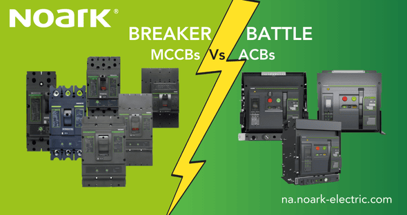 Collage illustrating various circuit breakers: MCCBs on the left and ACBs on the right, separated by a lightning bolt. Text reads "Breaker Battle: MCCBs vs ACBs". Background is green.