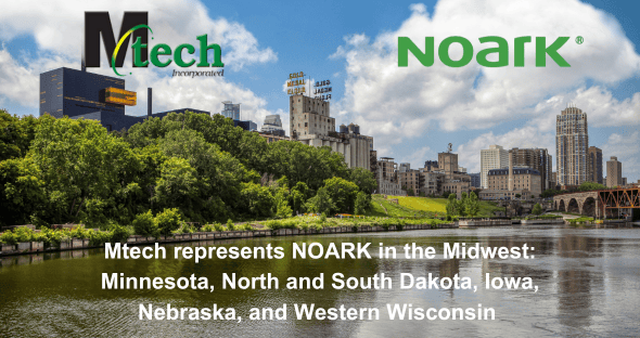 A picturesque skyline with a river in the foreground showcases logos for Mtech and NOARK. The text highlights Mtech proudly representing NOARK across Midwest states, including Minnesota, North and South Dakota, Iowa, Nebraska, and Western Wisconsin.
