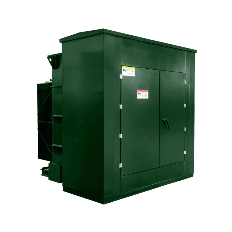 A large green metal electrical transformer box with closed doors and a handle, labeled with caution and warning signs, essential for efficient power distribution.