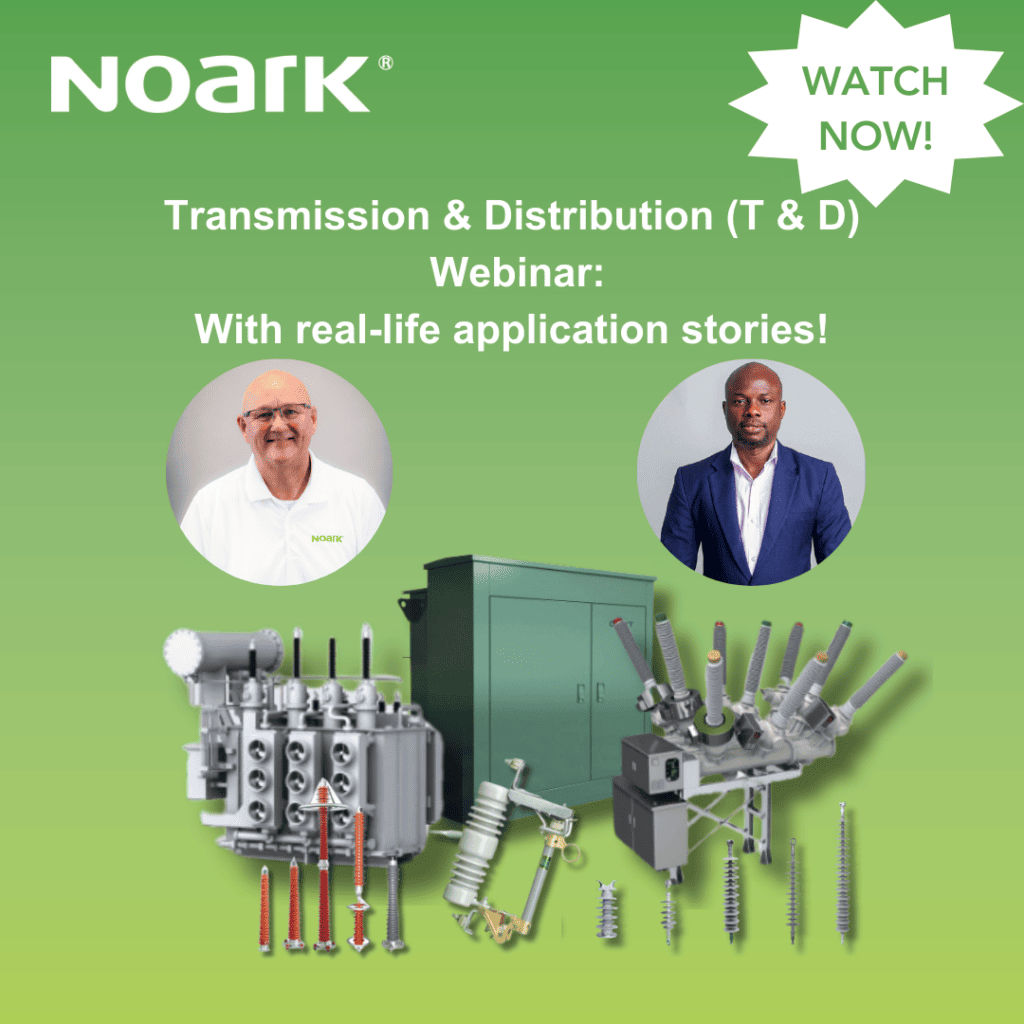Promotional image for the Noark Webinar on Transmission & Distribution (T&D), featuring real-life application stories. Highlights include two presenters, electrical equipment, and bold "Watch Now!" text. Perfect for those seeking insights into AD and TD advancements.