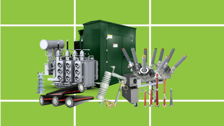 Various electrical equipment, including transformers and insulators, are displayed against a green grid background, highlighting their critical role in Transmission & Distribution systems.